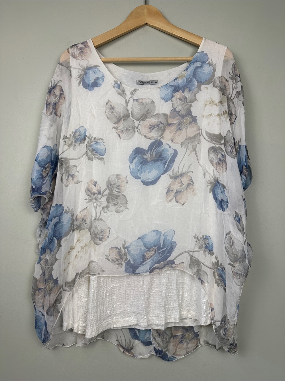 100% silk floral top with stretchy sequin tank top liner made in Italy feminine